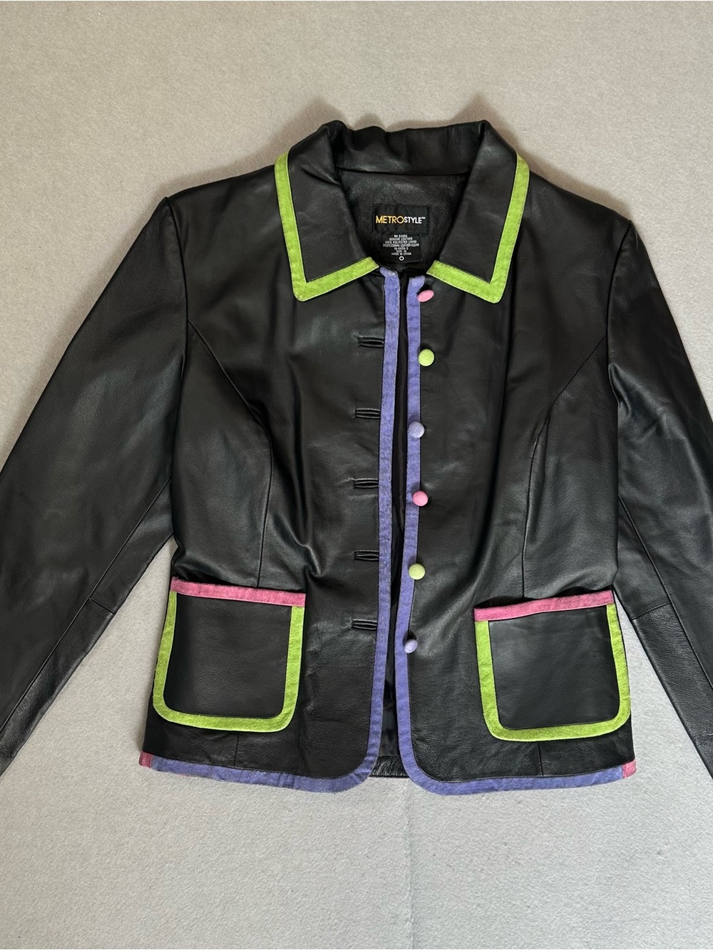 metrostyle Black Leather Blazer with Green, Pink, and Purple Trim